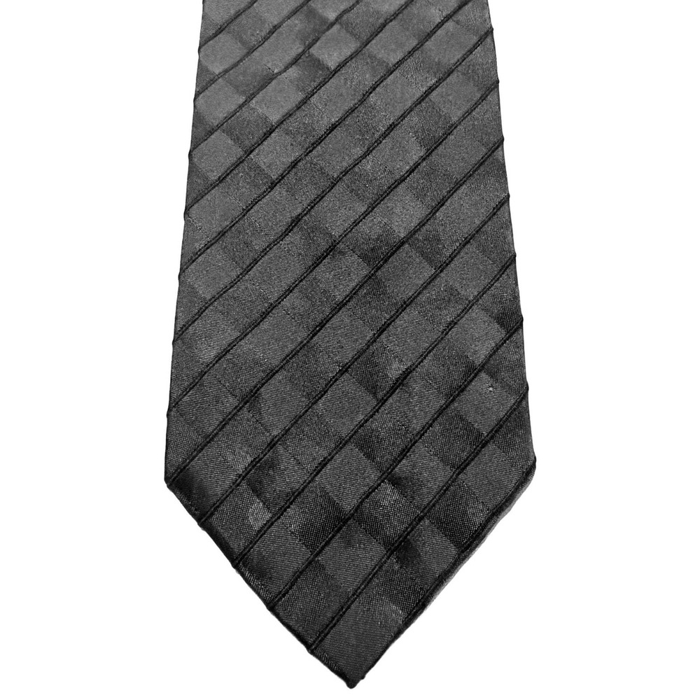 Hugo Boss Necktie Black Silk Cotton Textured Diagonal Grid Basketweave Tie